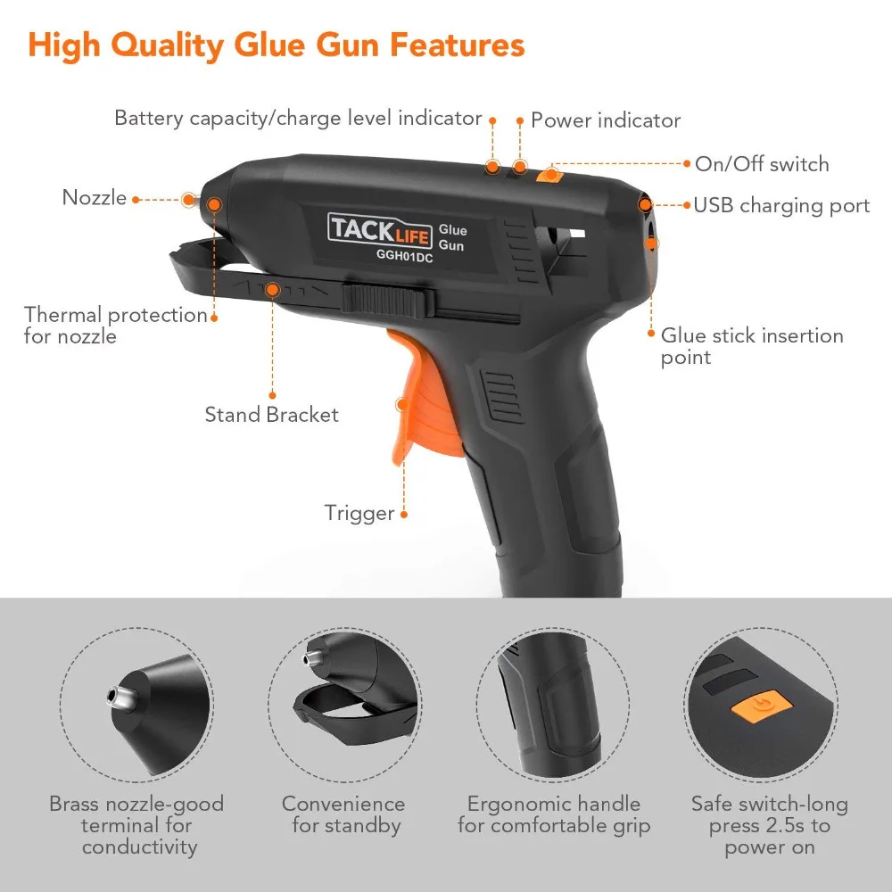 Tacklife 3,6 V перезаряжаемый термоплавкий клей пистолет с usb-кабелем для зарядки горячий клеевой пистолет беспроводной с 50 шт. клеевые палочки