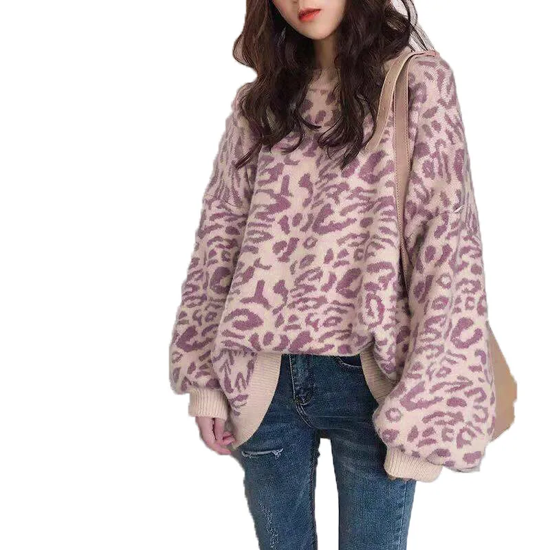 

New Autumn Winter Loose Knitted Sweater Women Long Sleeved O-Neck High Quality Pink Leopard Print Knitwear Female Sweater Khaki