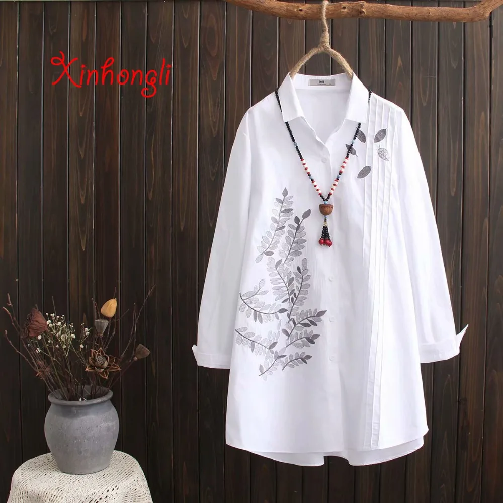  Plus size Cotton Embroidery women loose long white shirts 2019 spring autumn  casual ladies blouse 