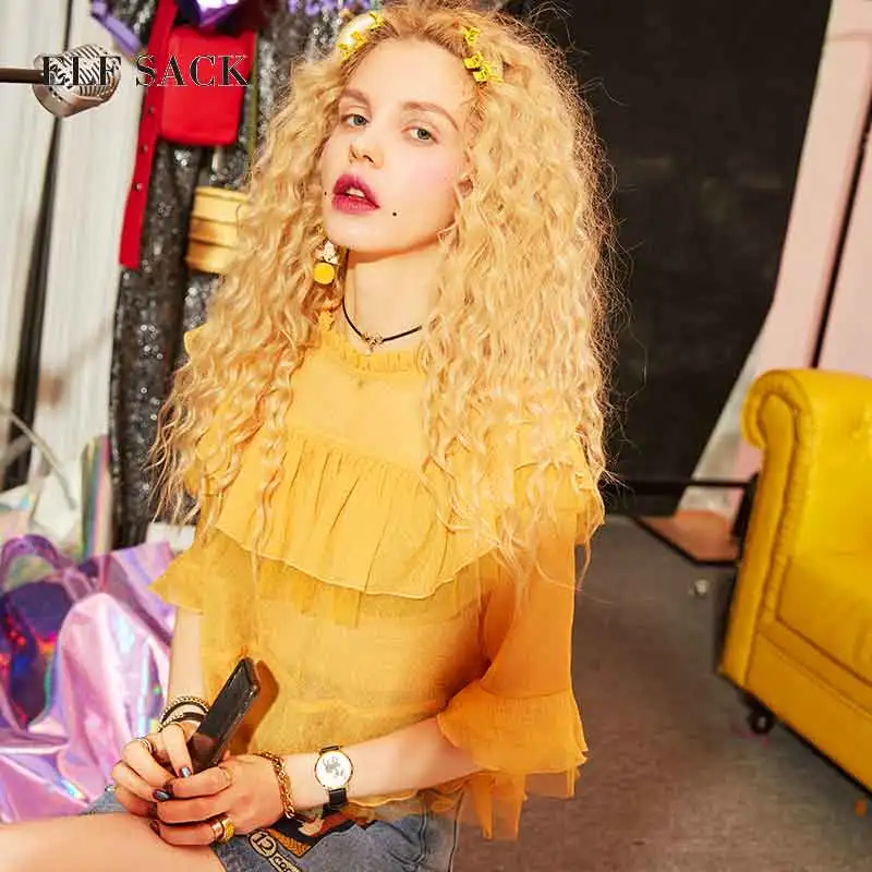

ELF SACK Yellow Mesh Ruffle Trim Top Women Blouses,Sexy Purple O-neck Chiffon Butterfly Sleeve Female Street Wear Clothing
