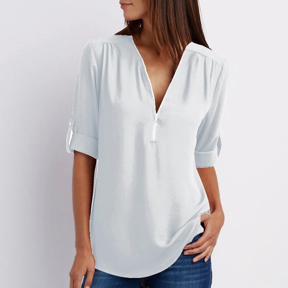 

Women Zipper Chiffon Shirts Sexy V Neck Solid Womens Tops Blouses Casual Tee Shirts Tops Female Clothes Plus Size for Women