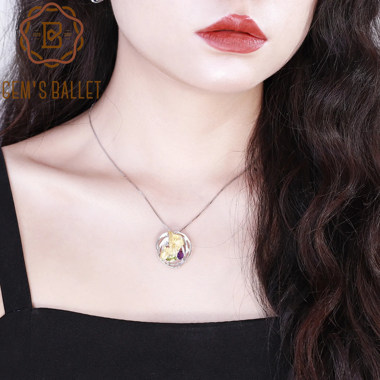 

GEM'S BALLET 925 Sterling Silver Handmade Pendant Necklace Natural Amethyst Peridot Gemstones for Women Wedding Fine Jewelry