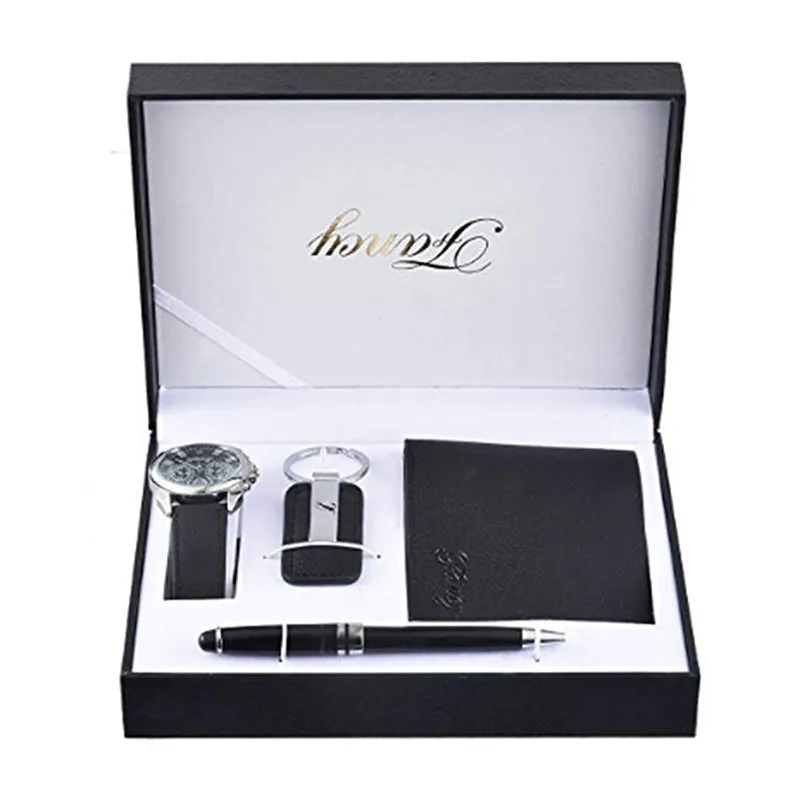 Mens Artificial Leather Quartz Analog Wrist Watch Wallet Pen Keychains Gift Set Black