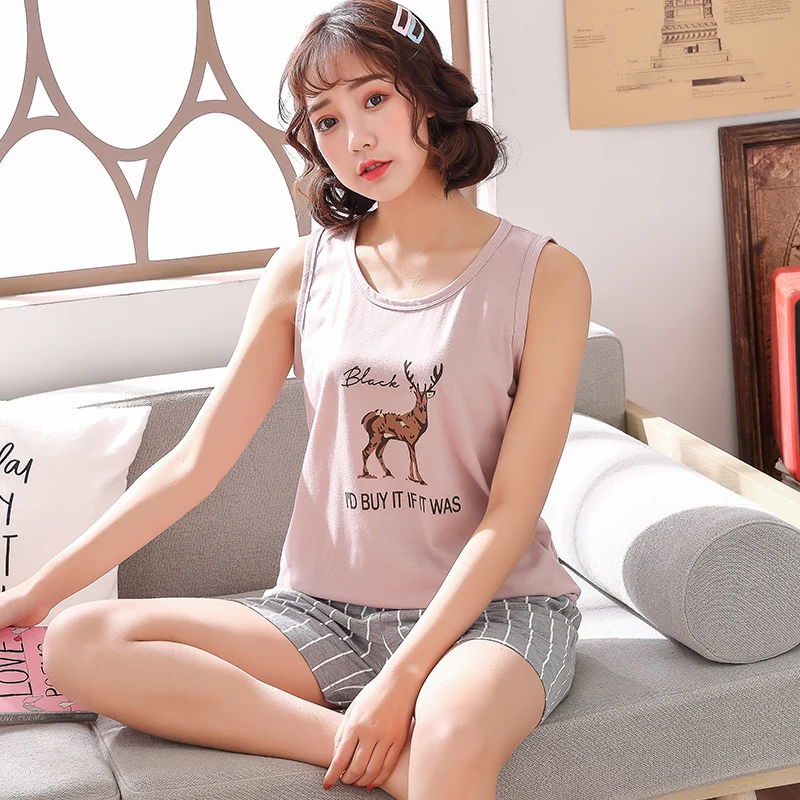 

Gray Striped Short Pants + Animal Print Vest Top 2pcs/set Pajama Sets Women Sleeveless Casual Tracksuit Plus Size 3XL Sleepwear