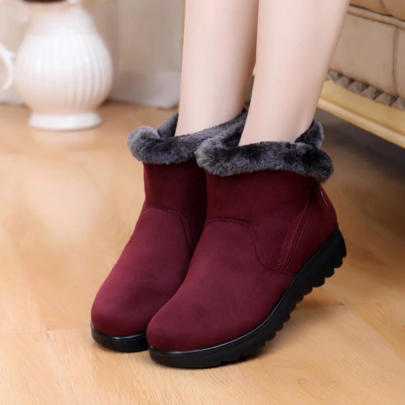 Tanie 2019 kobieta moda Zip zimowe śnieg buty damskie ciepłe futro zamszowe klinowe botki damskie plus rozmiar 35 43 kobieta buty