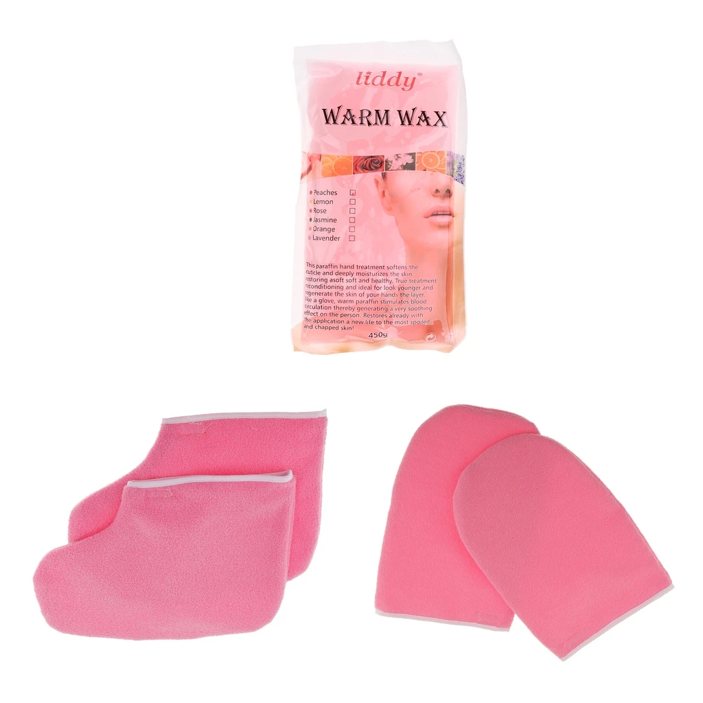 Paraffin Wax Bath Terry Cloth Gloves Booties, Wax Cotton Mittens and 420g Peach Flavor Antibacterial Paraffin Waxing Cream