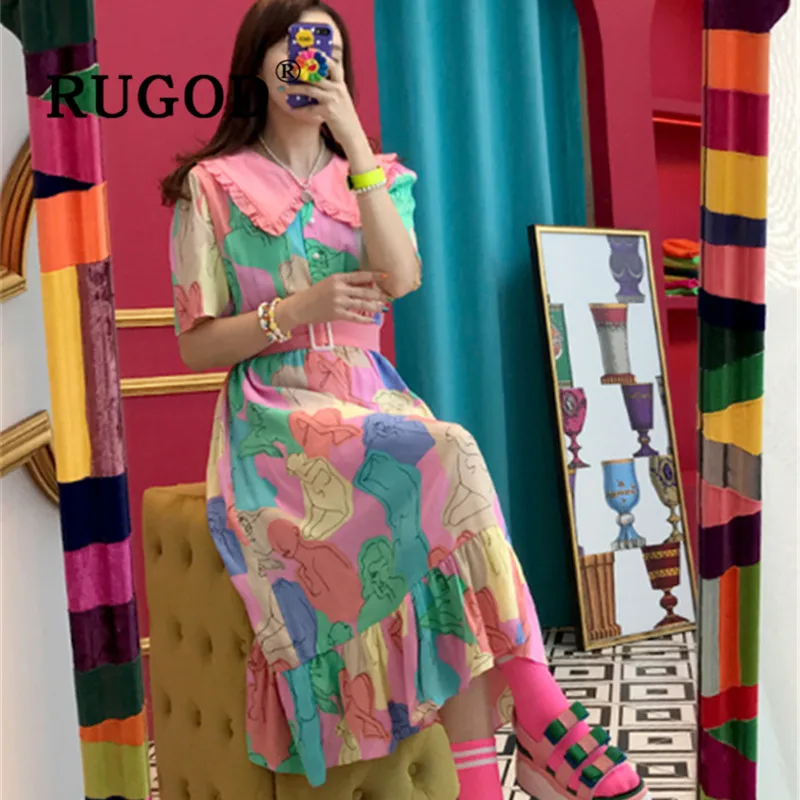 RUGOD Korean chici geometric printed women dress Elegant peter pan collar sweet ladies party dressss vestido Fashion pink dress