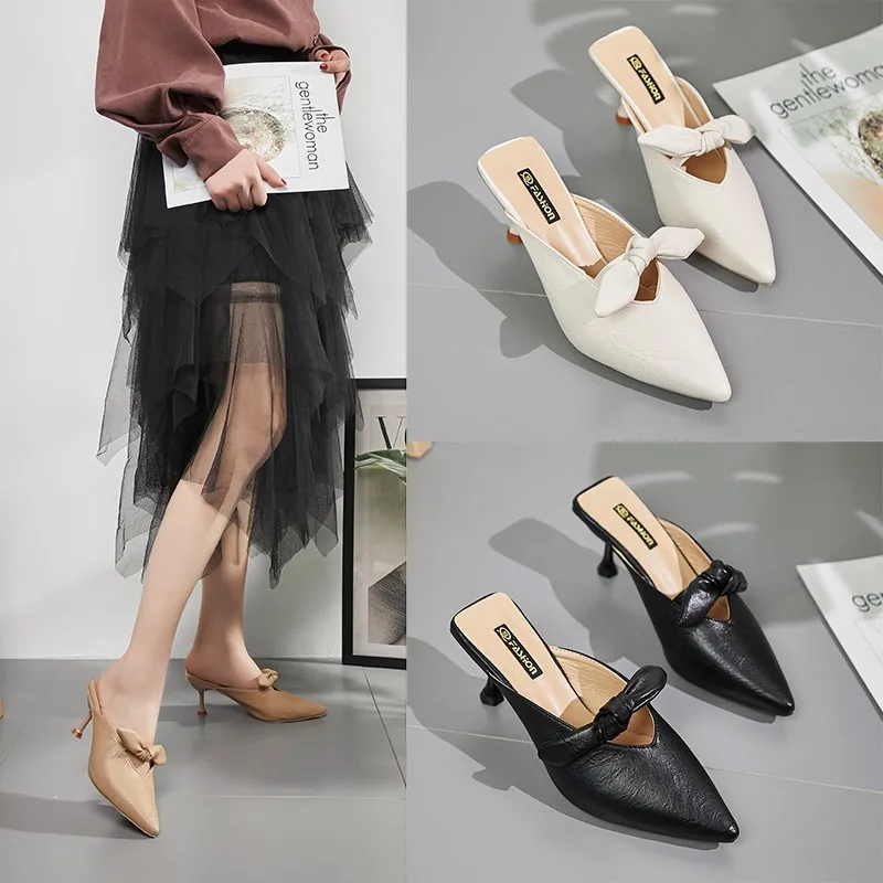 

Med Bow Knot Closed Toe Leather Brief Rubber Slippers Modis Slides Sandal Summer Ladies Female New 2019 Butterfly Allmatch