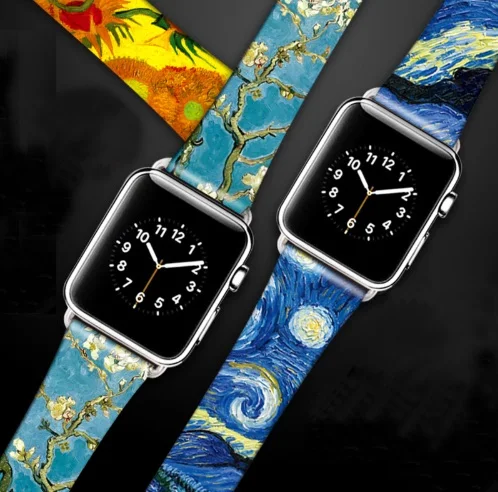 Художественный напечатанный кожаный ремешок Van Gogh для Iwatch, ремешок серии 5, 4, 3, 2, 1, цветочный ремешок для Apple Watch, ремешок 40 мм, 38 мм, 44 мм, 42 мм