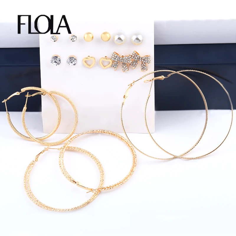 

FLOLA [9 Pairs/set] Big Circle Hoop Earrings Set Gold Crystal Bow Stud Earrings Set Mixed Statement Brincos Jewelry 2019 ersq44