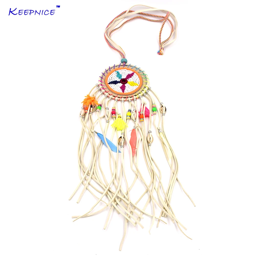 

New Bohemian Boho Gypsy jewelry leather long fringe tassel pendents Necklaces handmade seed beads dream catcher pendant necklace