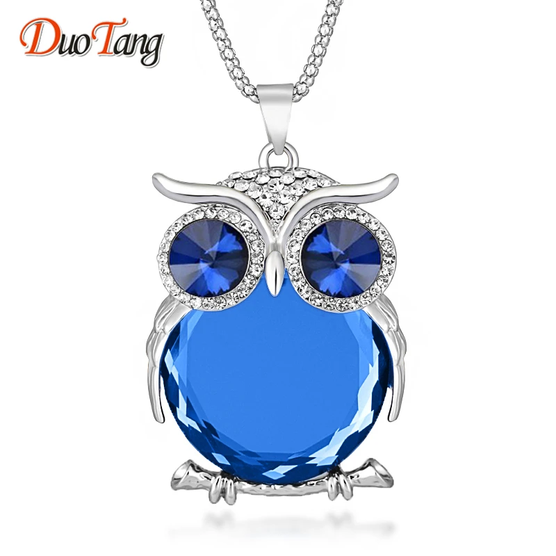 

DuoTang High Quality Vintage Owl Pendant Necklaces Zinc Alloy Crystal Trendy Jewelry Long Popcorn Chain Necklace For Women Gift