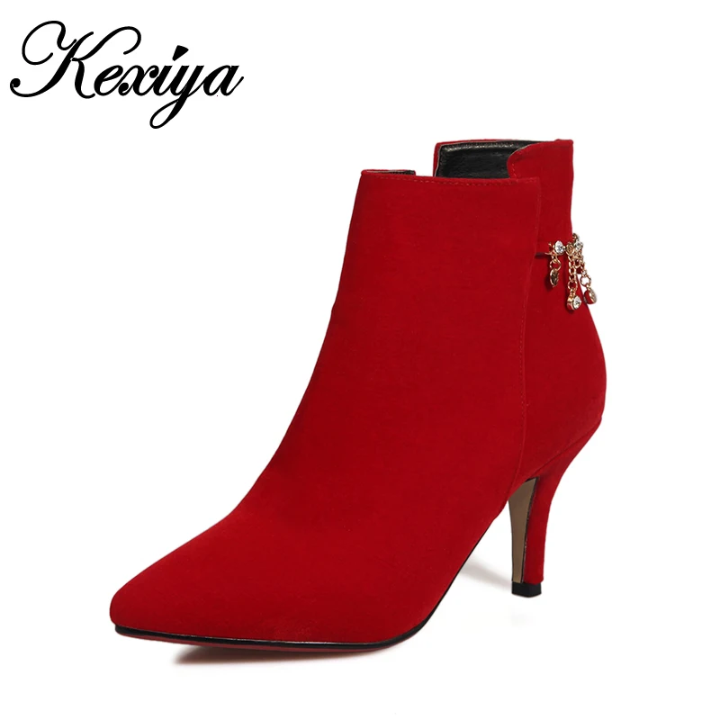 

Big size 32-44 women short boots sexy Pointed Toe red wedding high heels Fashion suede Chains decoration ladies Ankle boots