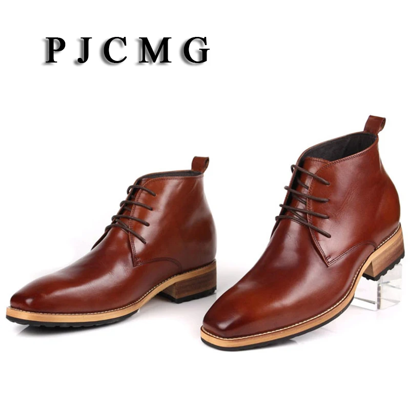 Men's High Genuine Leather Elevator 8 CM Brogue Wedding Office Ankle Boots Lace-Up Male Footwear safety shoes men shoes