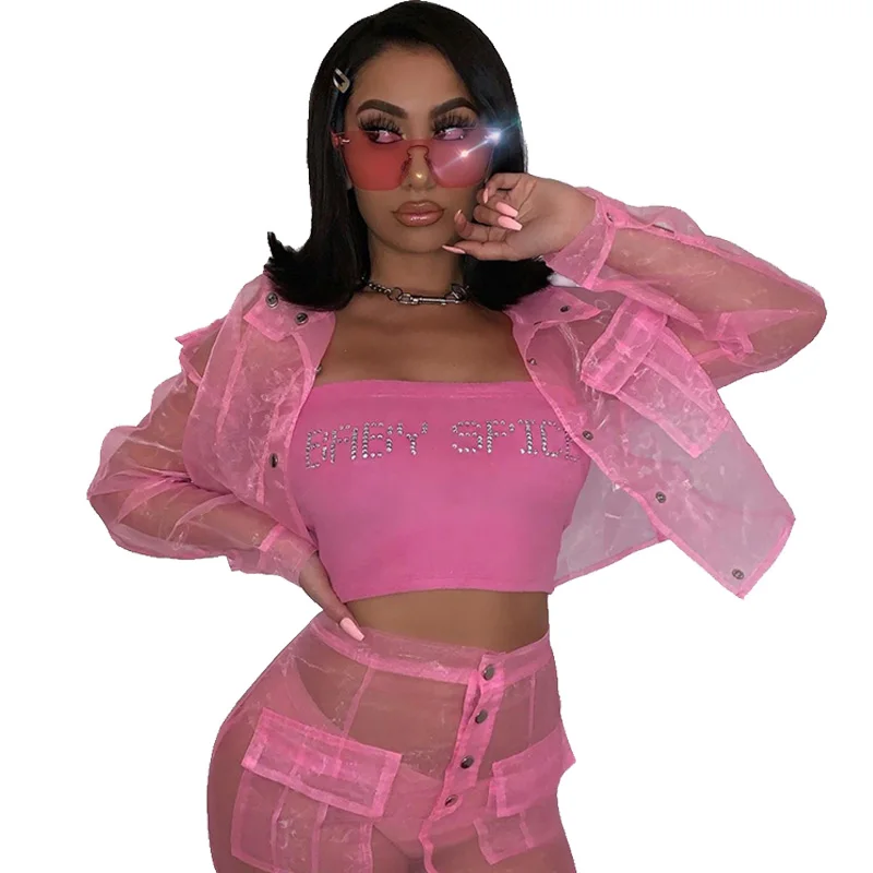 

Sexy Two Piece Skirt Set Women Festival Clothing Sheer Mesh Crop Top and High Waist Skirts Set Autumn Women Matching Sets Outfit
