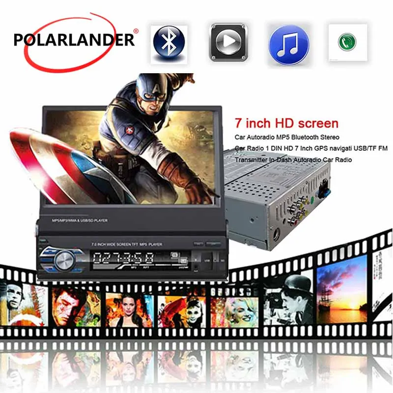12V Car Stereo Bluetooth FM car Radio MP5 Audio Player USB/TF/SD 1 DIN 7 inch Retractable Touch Screen Monitor Rear View Camera