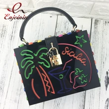 Черная акриловая модная сумка с буквенным принтом в виде кокосового дерева с заклепками, стильная женская Повседневная сумка на плечо, сумка для вечеринок, сумка через плечо