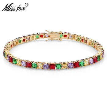 

MISSFOX Hip-Hop 5mm Personalized Four Color Micro-Studded Rainbow Square Diamond Solid Copper Metal Women Men 18k Gold Bracelet