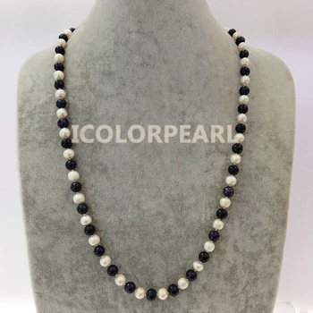 

WEICOLOR 75-80cm Long 8-9mm White and Black Nearround Real Freshwater Pearl Sweater Jewelry Sweater Necklace.