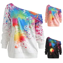 Модные женские туфли косым воротником с длинными рукавами длинная куртка ярких цветов с одним словом воротник Краски принтом Толстовка Топы
