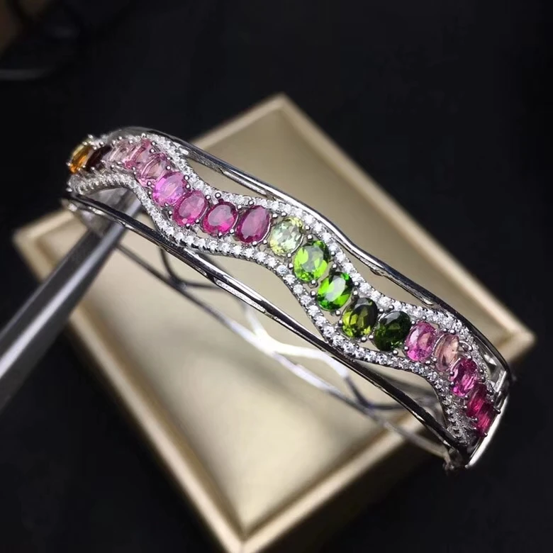  Bracelets en tourmaline multicolore naturelle Bracelet en pierres précieuses naturelles S925 argent