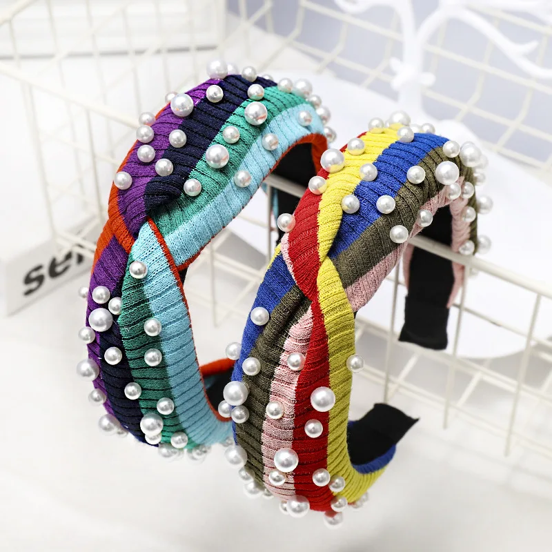 

CN Hair Accessories Pearl Knitted Headband For Girls Head Band Rainbow Striped Cross Hairband Women Hair Band