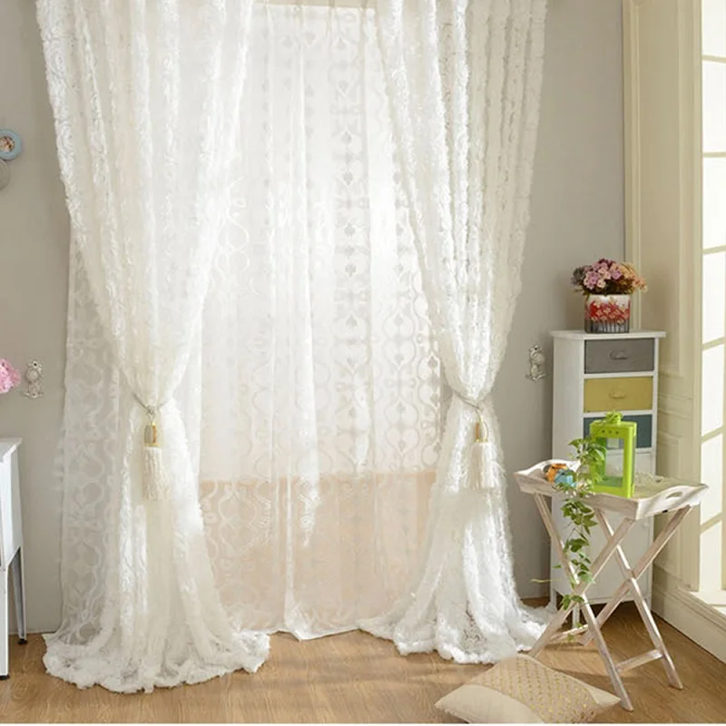 

Lace Rose Curtains Pastoral Korean Creative White 3D Voile Custom Window Screens For Marriage Living Room Bedroom