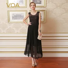 VOA Summer Silk Thin Bohemian Slim Women Dresses Black Purple Cyan Custom Lace Casual Sexy Beach Sleeveless Dresses A0211