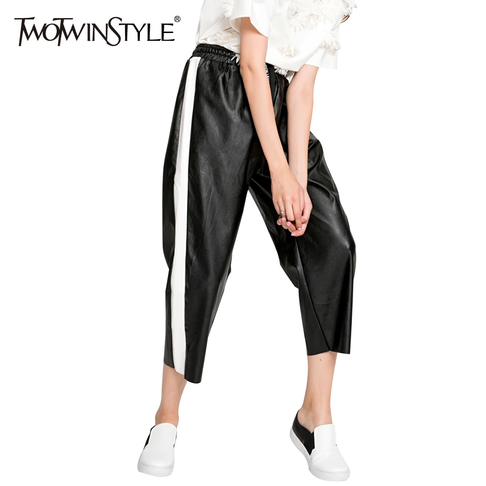 [TWOTWINSTYLE] 2019 осенне зимние шаровары из искусственной кожи хитового цвета Женская