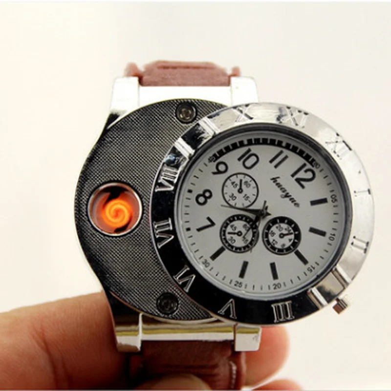 

Rechargeable Flameless Windproof Cigarette Lighters USB Charging USB Lighter Watch Men Casual Quartz Wristwatches Gift for Men