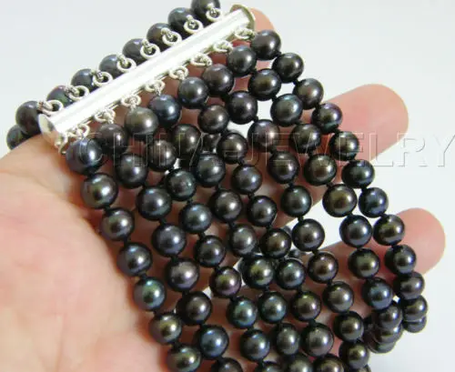 

8" 8row 7mm natural black perfect round freshwater pearl bracelet-925 SILVER @^Noble style Natural Fine jewe SHIPPING 5.25