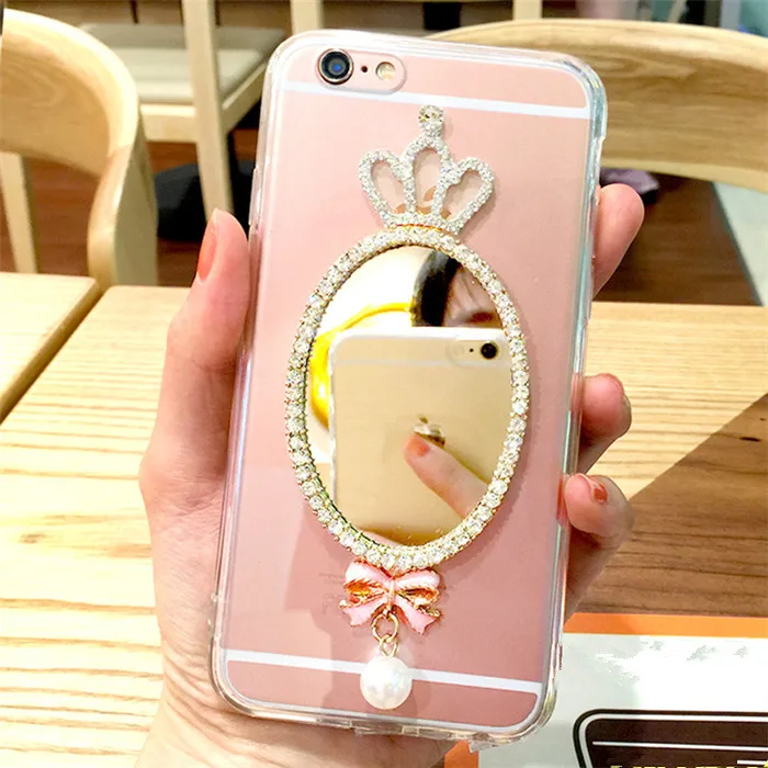 

For Samsung S6 S7 edge S8 S9 S10 Plus Note 5 8 9 Fashion Rhinestone crown mirror transparent mobile Soft phone cases Back cover