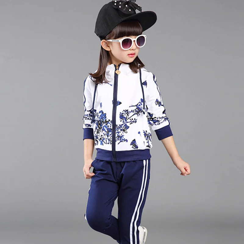 Новая весенне-осенняя одежда для активного отдыха для девочек, куртка, спортивные толстовки с цветочным принтом+ штаны, комплект из 2 предметов, Детские комплекты одежды для девочек 4-14 лет - Цвет: navy blue