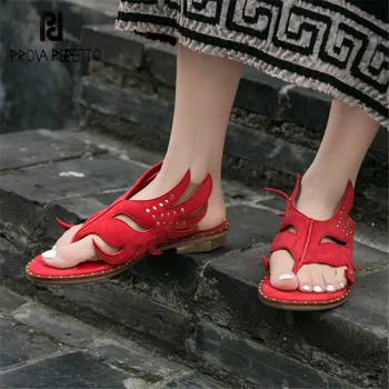 

Prova Perfetto Bohemia Red Summer Slippers Designer Women Outside Slides Flat Shoes Woman Rivets Studded Slipper Flats