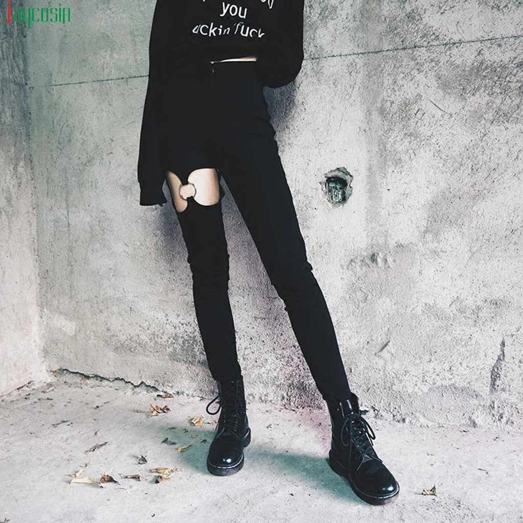

JAYCOSIN Fashion Pants Women Punk Gothic High Waist Leggings Hollow Out Zipper Elastic Pencil cargo Pants for women streetwear