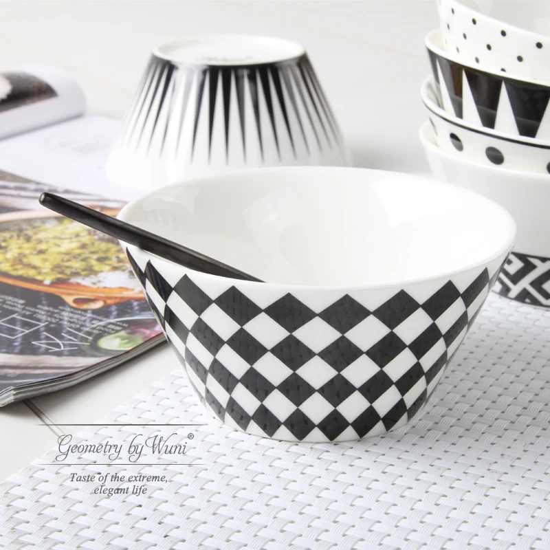 

Nordic Style No Mud Creative Minimalist Black Geometry Fashion 4.5-inch High Bone China Rice Bowls Salad Cereal Bowl Set