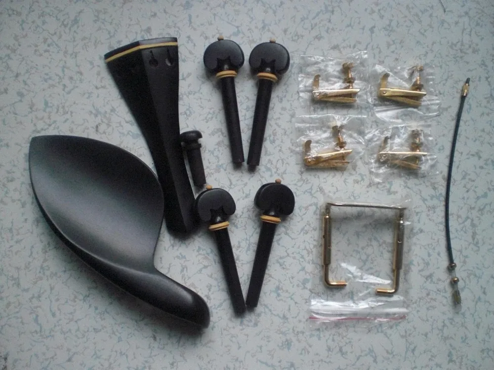 

4 Set Ebony Violin fitting 4/4 with 16 PCs Gold color fine tuner & 4 gold chin rest clamp & 4 pcs tail guts