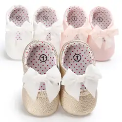 Детская кожаная обувь принцессы из искусственной кожи с бантом для маленьких девочек Нескользящие ботинки для самых маленьких детей от 0