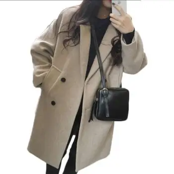 

plus size 2XL Fashion Women New Coat Long sleeve Medium Long Wool Coat Loose Warm Woolen Coat Women