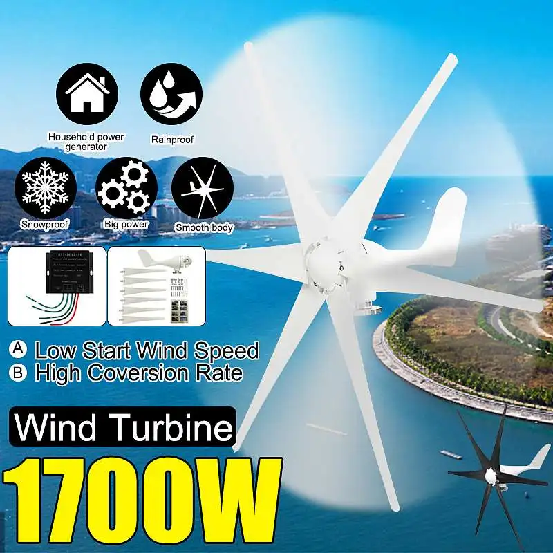 

1700W 12V 24V 48 Volt 6 Wind Blades Wind Turbines Generator Black/White Blade Option + Wind Controller Gift Fit for Home lights