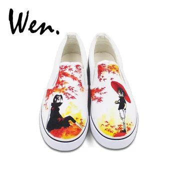 

Wen Man Canvas Sneakers Low Top Slip on Hand Painted Shoes Custom Design Naruto Uchiha Sasuke Anime Cosplay Painting Plimsolls