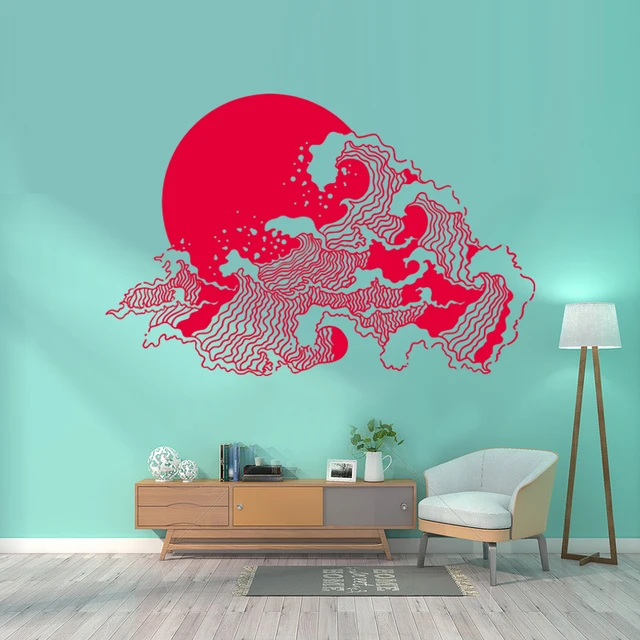 Japanese waves and rising sun ukiyo e vintage art home background wall