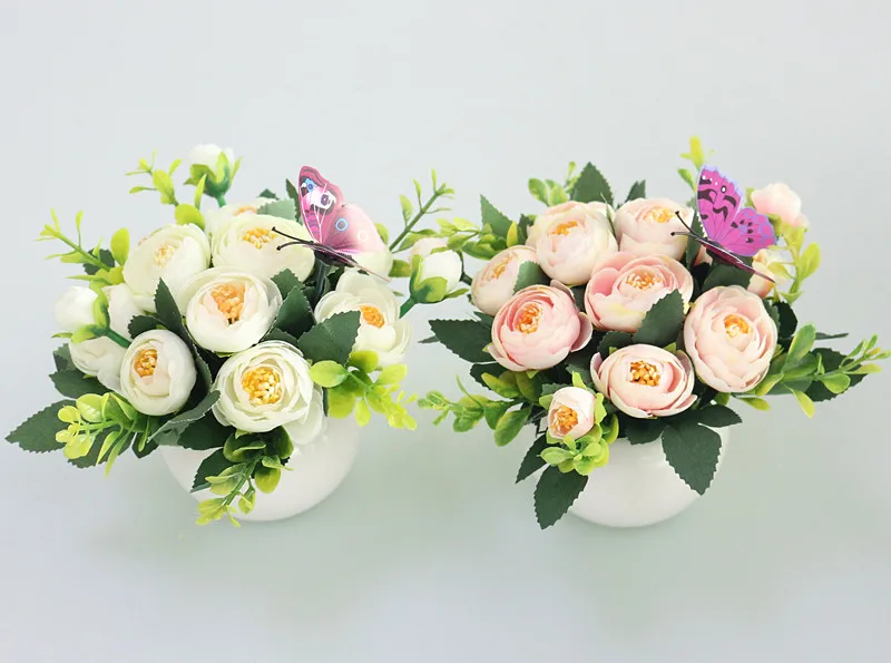 Flone Mini Artificial Small Potted Plants Silk Flower Simulation Flower Bonsai Home Wedding Party Decoration Fake Flowers (27)