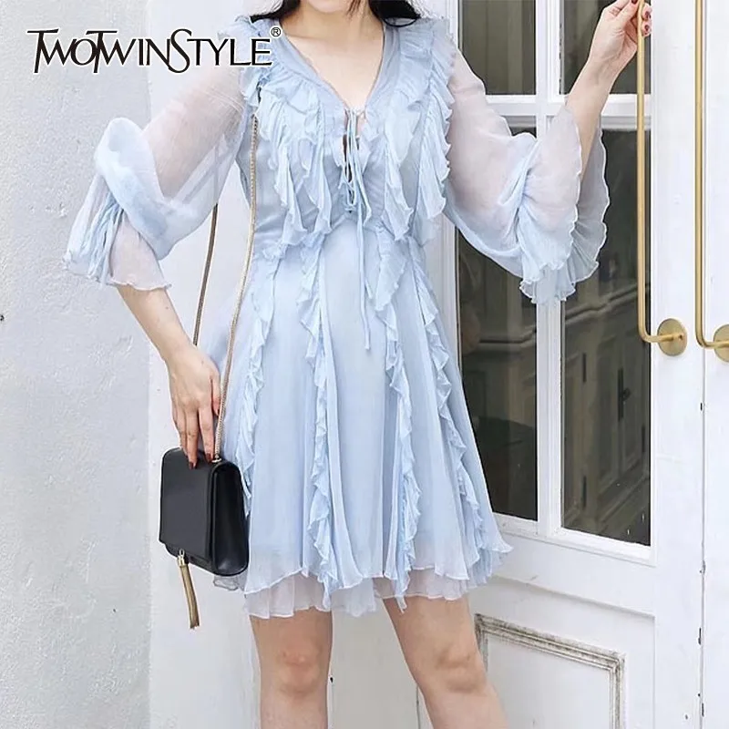 

TWOTWINSTYLE Elegant Ruffles Dress For Women Flare Sleeve V Neck High Waist Drawstring Mini Dresses Female 2019 Fashion Summer