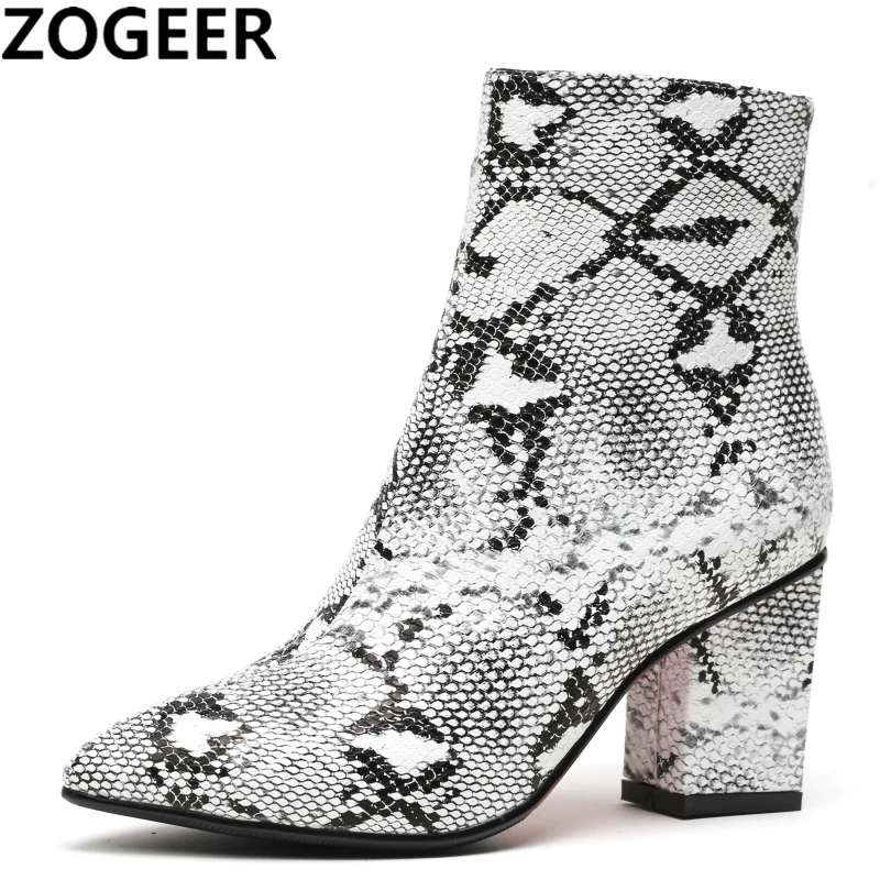 

Print Snake PU Women Ankle Boots Zip Pointed Toe Footwear Thick High Heels Female Boot Party Shoes Women 2019 New Winter Shoes