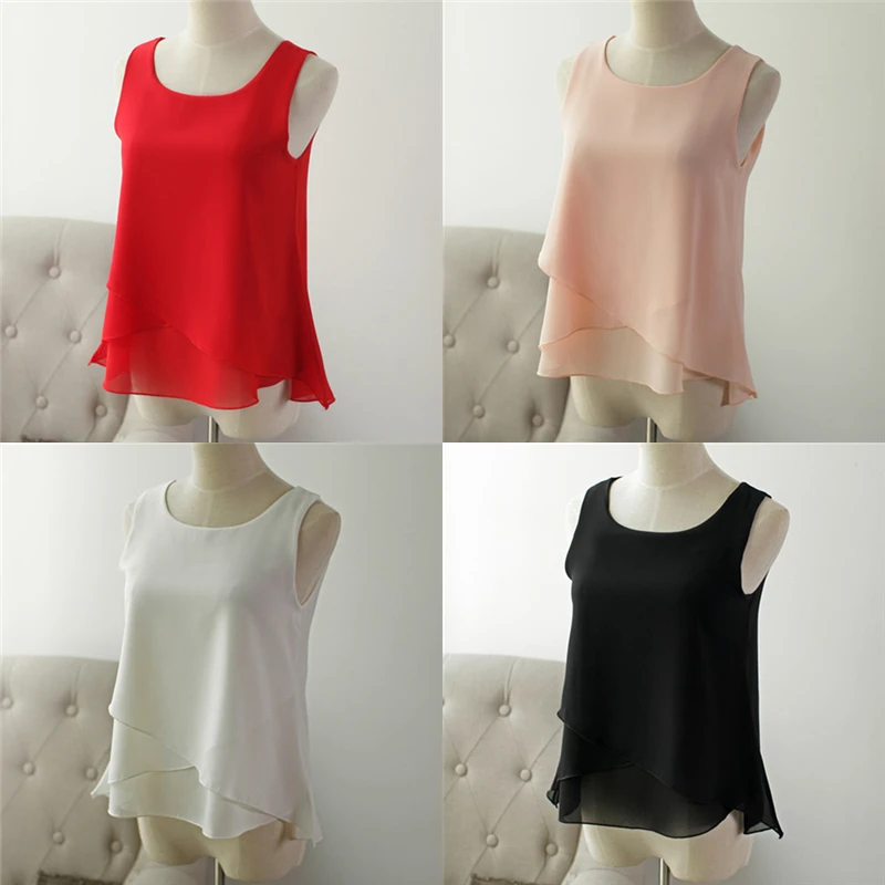 Banerdanni 2017 summer Sexy Casual women's shirt Solid color Red Chiffon blouse Plus size S-4XL sleeveless Loose female Tank Top