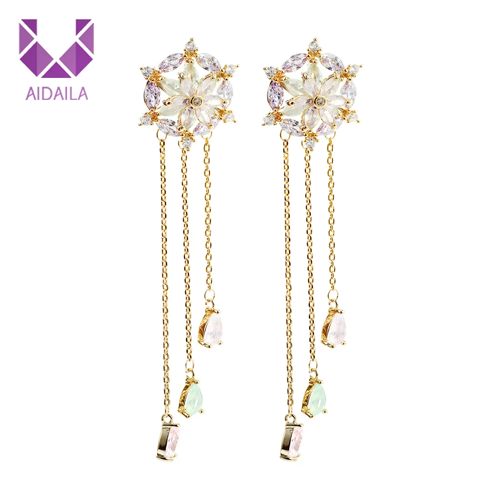 Long Chains Earrings for Office Ladies with Full AAA+ Cubic Zirconia Zircon Earring Flower Wedding Party Gift Female New Fashion | Украшения