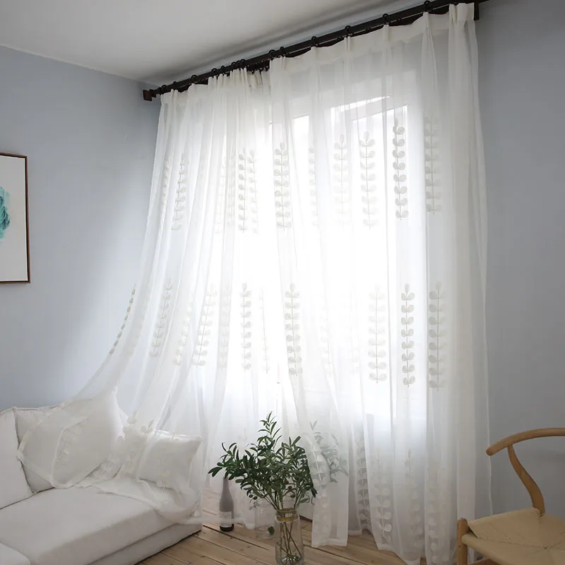 Pastoral blanco algodón línea bordado hojas Voile Sheer Cortinas para sala de estar Cortinas tul para la cocina dormitorio 018 y 30 Pastoral blanco algodón línea bordado hojas Voile Sheer Cortinas para sala de estar Cortinas tul para la cocina dormitorio 018 y 30