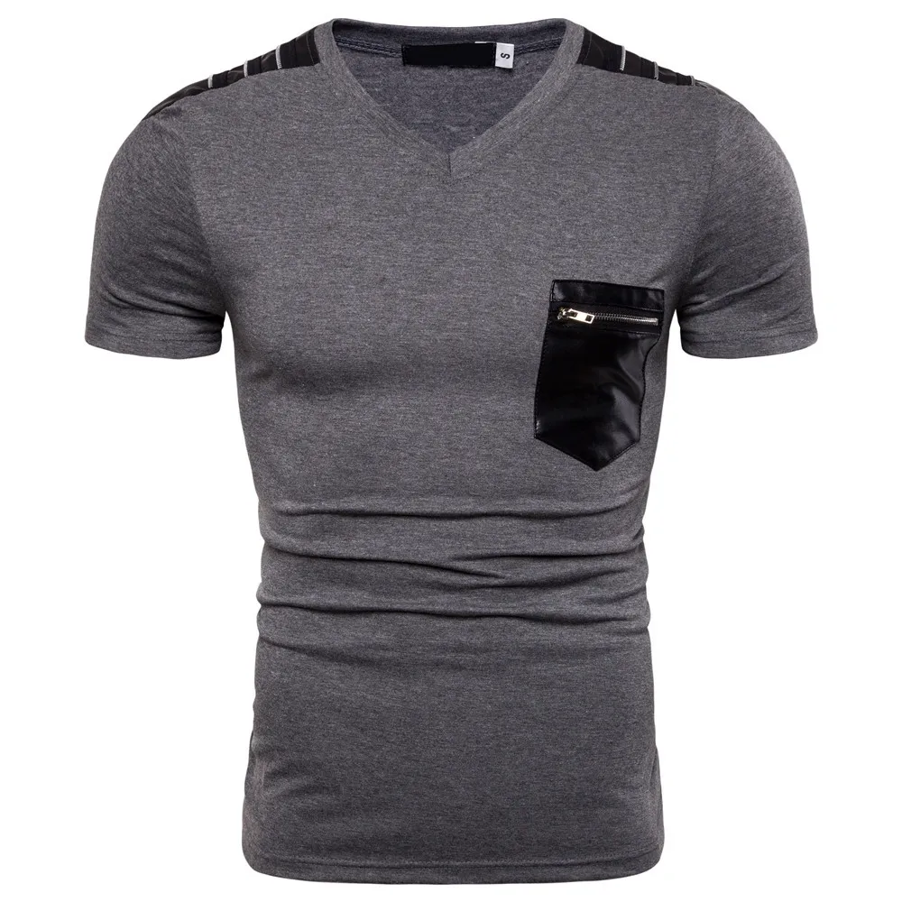 

Miicoopie 2019 New Mens T-shirt Pocket Leather Slanted Shoulder Zipper Leather Short Sleeve V-neck T-shirt
