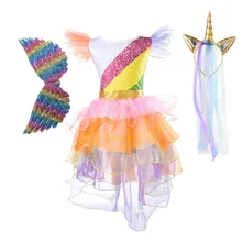 Нарядное Радужное платье для девочек, вечерние платья с единорогом на день рождения, карнавальные Детские платья на Хэллоуин костюм принцессы для девочек, 3 предмета, Vestido